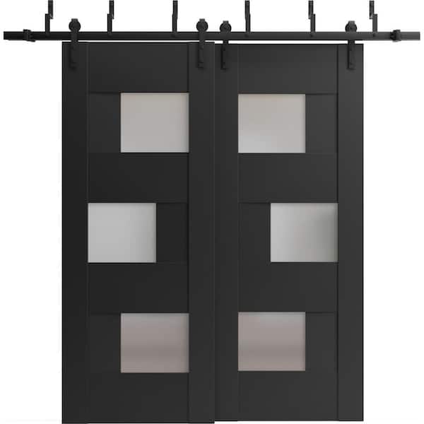 56 in. x 84 in. 2 Panel Frosted Glass Black Matte Wood Sliding Barn Door with Hardware Kit