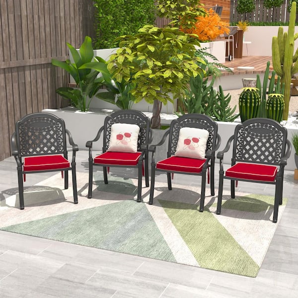 Willit Black Stackable Cast Aluminum Patio Outdoor Dining Chairs with Random Color Seat Cushions (Set of 4)