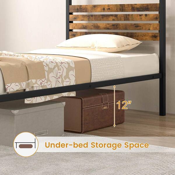 Gymax Rustic Brown Plus Black Rustproof Metal Frame Queen
