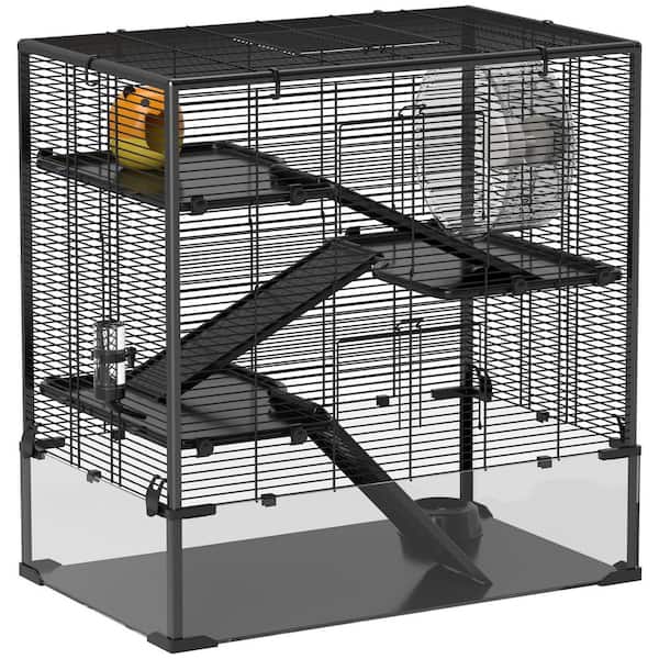 Deep Glass Bottom Hamster Cage, 4 Tiers Hamster Tank with Running Wheel, Hut, Water Bottle, Black, 31in.x19 in.x31.5 in.