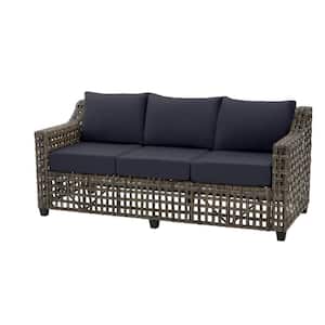 Briar Ridge Brown Wicker Outdoor Patio Sofa with CushionGuard Midnight Navy Blue Cushions
