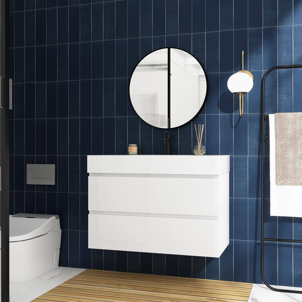White MDF Wall-Mounted Bathroom Vanity with Resin Sink, 36"