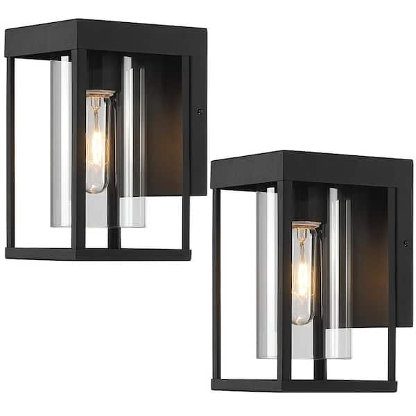 9 in. 1-Light Black Non Solar Outdoor Wall Lantern Sconce with Clear Glass (2-Pack)