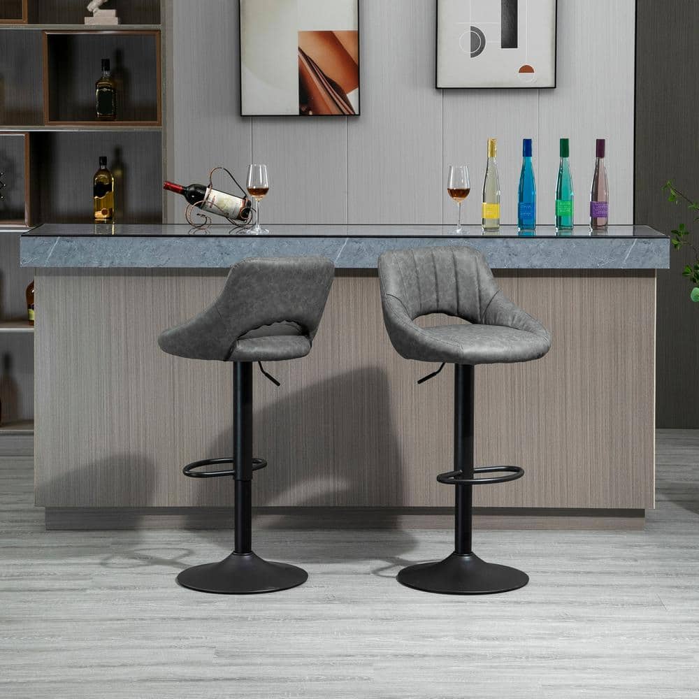 Adjustable Height & 360-Degree Swivel Gray Leather Bar Stool Set