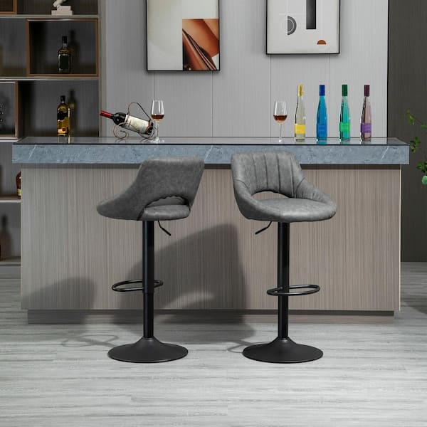 41.75 in. Grey Small Back Metal Bar Height Swivel Bar Stool with PU Leather Seat (Set of 2)