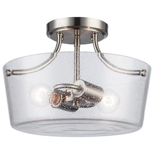 Simi 13 in. 2-Light Brushed Nickel Semi Flush Mount Ceiling Light with Clear Seeded Glass Shade