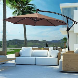 10 ft. Aluminum Cantilever Solar Powered Hanging Patio Umbrella With Cross Base and Pole in Coffee