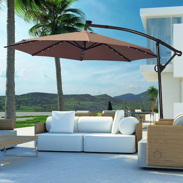 10 ft. Aluminum Cantilever Solar Powered Hanging Patio Umbrella With Cross Base and Pole in Coffee