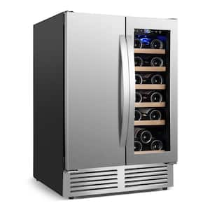 24 in. Dual Zone 18 Wine Bottles and 57 Cans Beverage & Wine Cooler in Silver Built in and Freestanding Blue LEDs