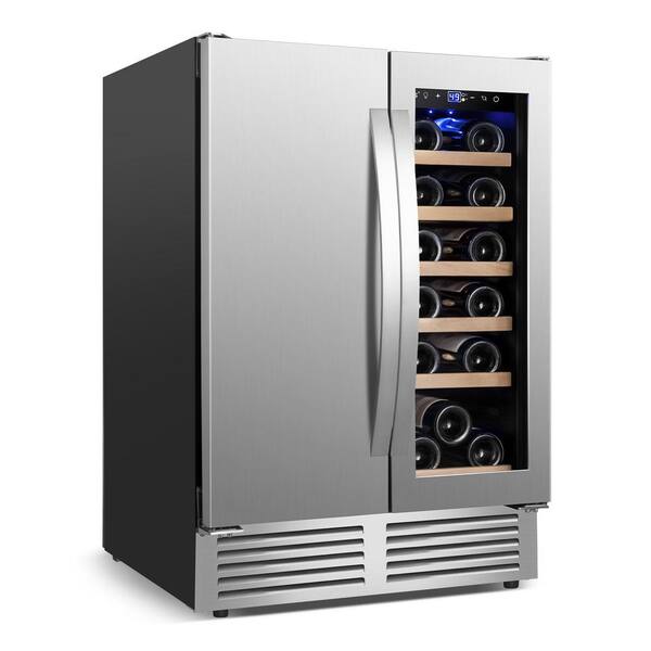 24 in. Dual Zone 18-Wine Bottles and 57-Cans Wine and Beverage Cooler Built in Wine Fridge 4-Door Handles in Silver