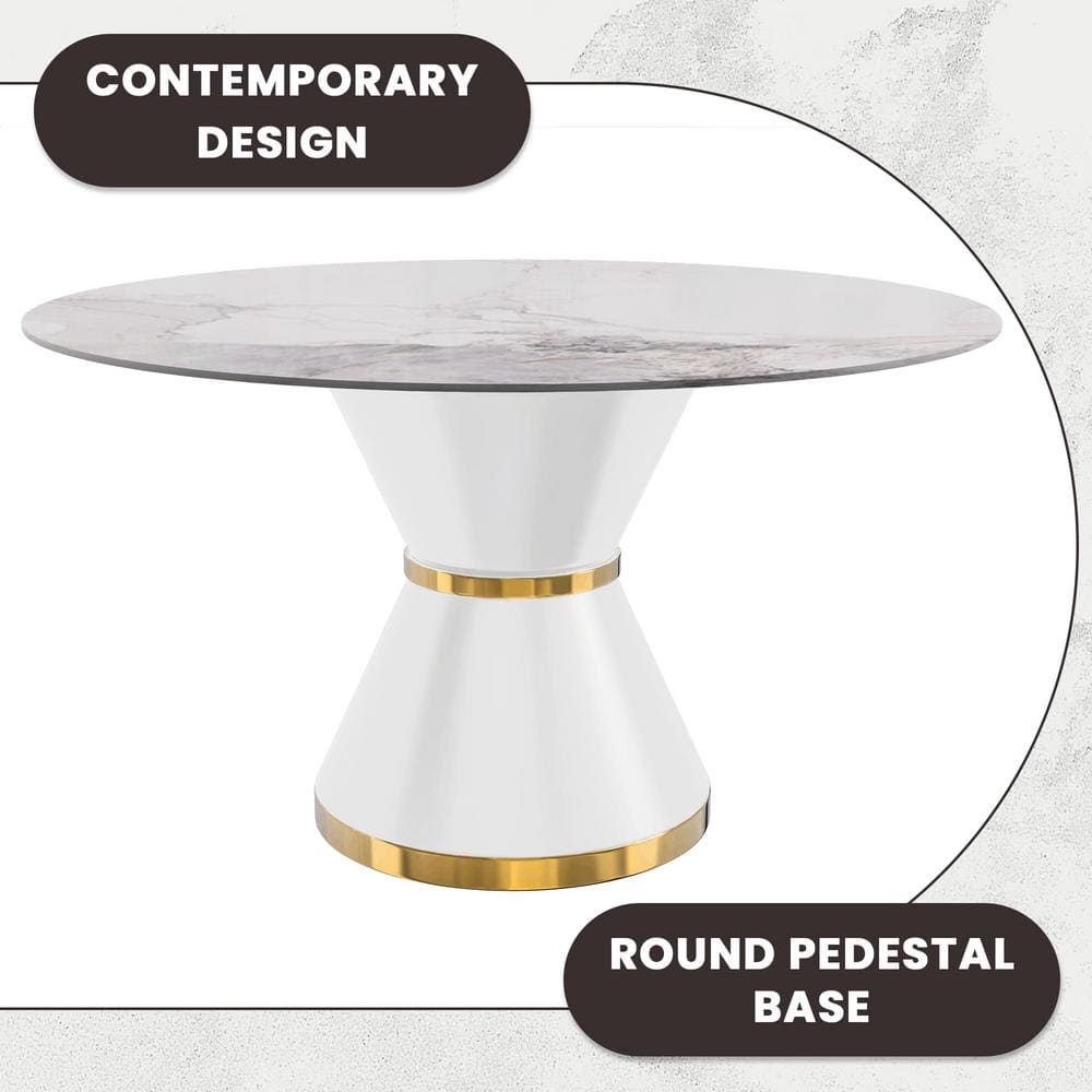 60'' White and Gold Round Glass Dining Table