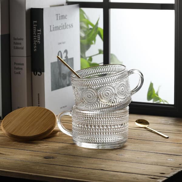 Numhew 14 oz. Clear Transparent Vintage Glass Coffee Mug Set with Spoons and Lids, Cute Coffee Bar Accessories Gift (Set of 4)