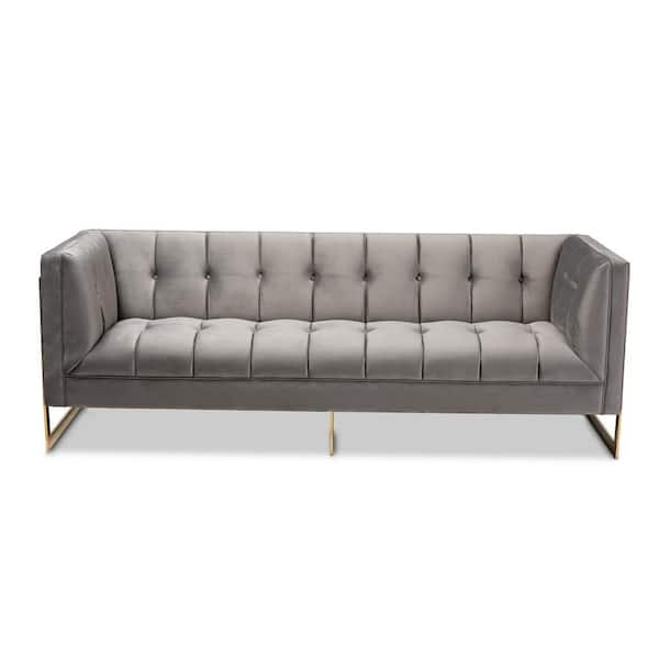 Baxton Studio Ambra 83.5 in. Gray Gold Fabric 3 Seater Tuxedo Sofa