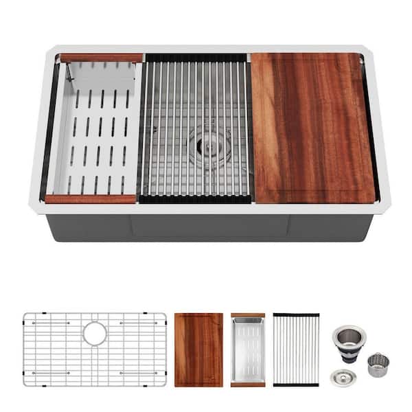 36 in. x 19 in. Undermount Workstation Kitchen Sink Single Bowl 16-Gauge Stainless Steel with Bottom Grids