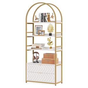 Frailey 74.8 in White Gold 4-Tier 2-Drawers Bookcase 4 Open Display Corner Multipurpose Rack