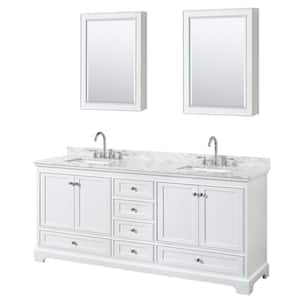 Deborah 80 in. W x 22 in. D x 35 in. H Double Bath Vanity in White with White Carrara Marble Top and Med Cab Mirrors