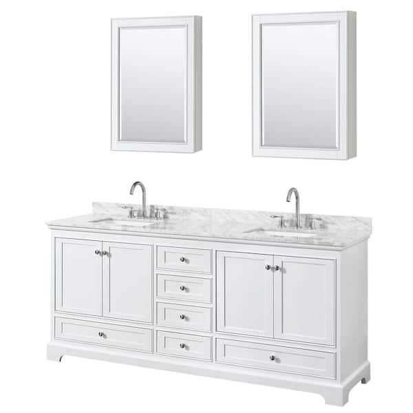 Wyndham Collection Deborah 80 in. W x 22 in. D x 35 in. H Double Bath Vanity in White with White Carrara Marble Top and Med Cab Mirrors