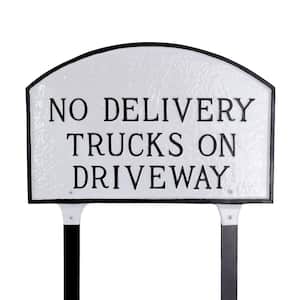 No Delivery Trucks on Driveway Standard Arch Statement Plaque with Lawn Stakes-White/Black