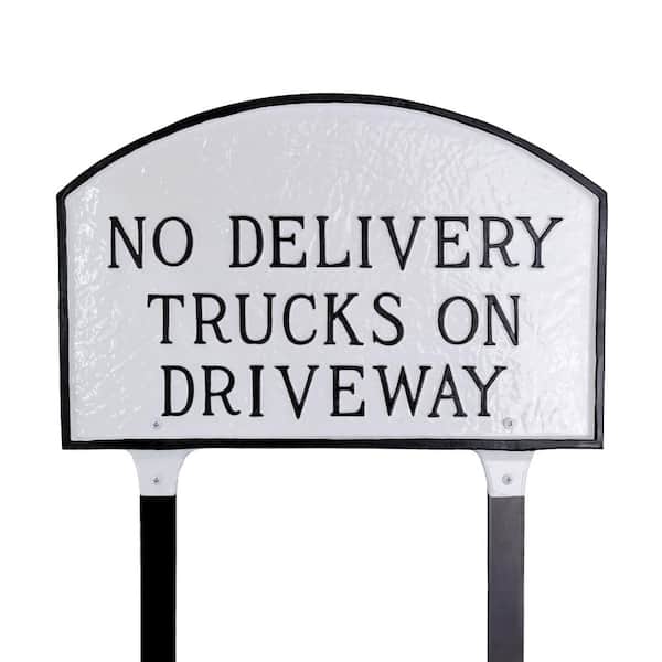 Montague Metal Products No Delivery Trucks on Driveway Standard Arch Statement Plaque with Lawn Stakes-White/Black