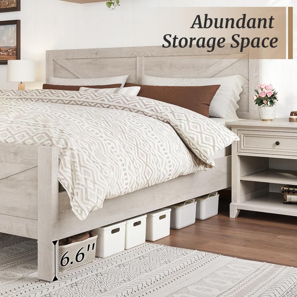 Rustic White Engineered Wood Frame King Size Platform Bed with Headboard, Footboard, and Under Bed Storage - thumbnail 6