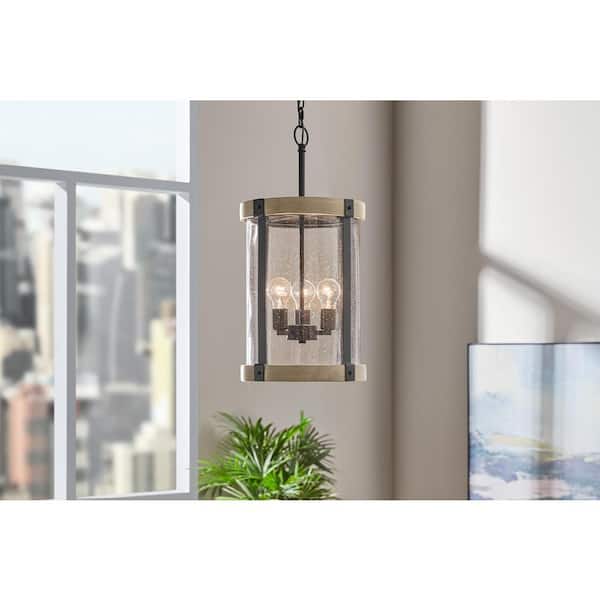 Hampton Bay Richland 12-3/8 in. W 3-Light Grey Wood Finish Standard Cylinder Foyer Pendant with Clear Seedy Glass