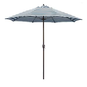 9 ft. Bronze Aluminum Market Patio Umbrella with Fiberglass Ribs and Auto Tilt in Navy White Cabana Stripe Olefin