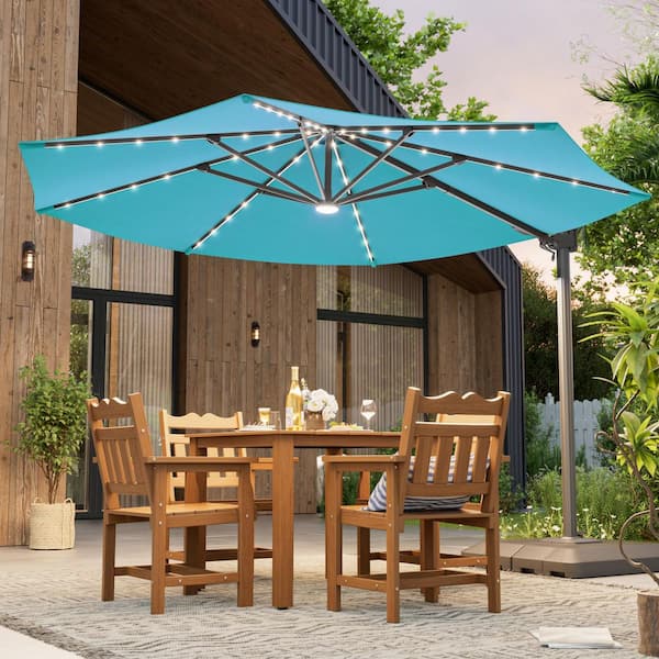 11 ft patio umbrella with lights JOYESERY 11 ft. Solar Powered LED Deluxe Cantilever Patio Umbrella in Lake Blue with 360° Rotation