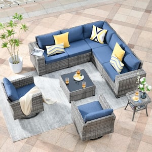 Crater Grey 9-Piece Wicker Wide-Plus Arm Patio Conversation Sofa Set with Swivel Rocking Chairs and Denim Blue Cushions