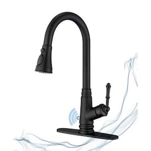 Touchless Single Handle Deck Mount Gooseneck Pull Down Sprayer Kitchen Faucet with Deckplate in Matte Black
