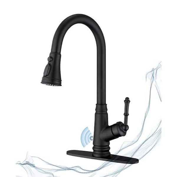 ELLO&ALLO Touchless Single Handle Deck Mount Gooseneck Pull Down Sprayer Kitchen Faucet with Deckplate in Matte Black
