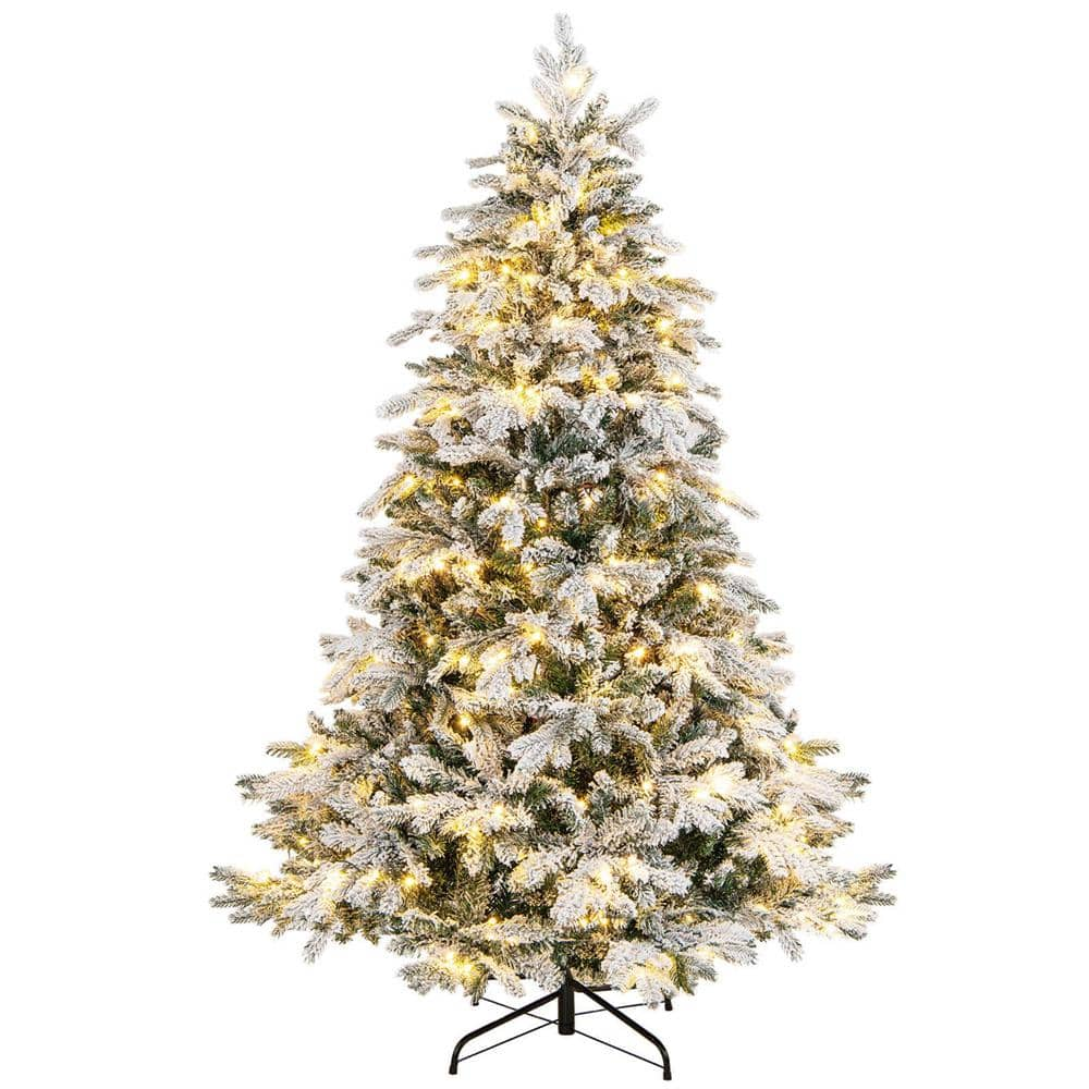 Costway 6 Ft. Pre-lit Snow Flocked Hinged Artificial Christmas Tree ...