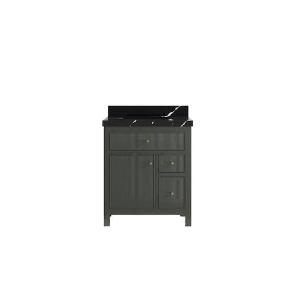 Willow Collections Sonoma 30 in. Single Sink Freestanding Pewter Green Bath Vanity with Calacatta Black Qt. Top Unassembled