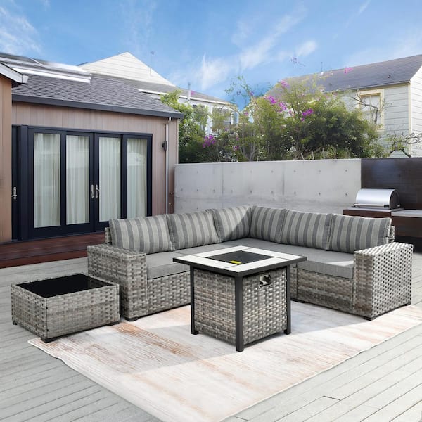 XIZZI Moonriver 7-Piece Wicker Outdoor Patio Fire Pit Conversation Sectional Sofa Set with Gray Stripe Cushions