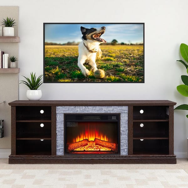 ToolCat 70 in. Freestanding Electric Fireplace TV Stand with 23 in. Fireplace Insert Faux Stacked Stone Surround, Cherry Brown