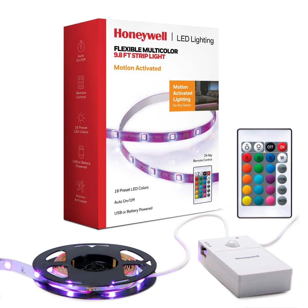 Honeywell 9.8 ft. USB or Battery Powered LED RGB Motion Activated Strip  Lights for Home Decor, Mounted Under Cabinet Lights HW-ST002-999 The Home  Depot