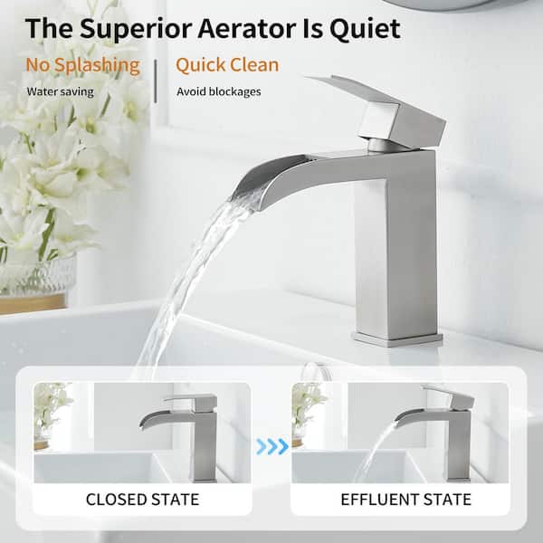 Waterfall Single Hole Single-Handle Low-Arc Bathroom Sink Faucet With Pop-up Drain Assembly In Brushed Nickel