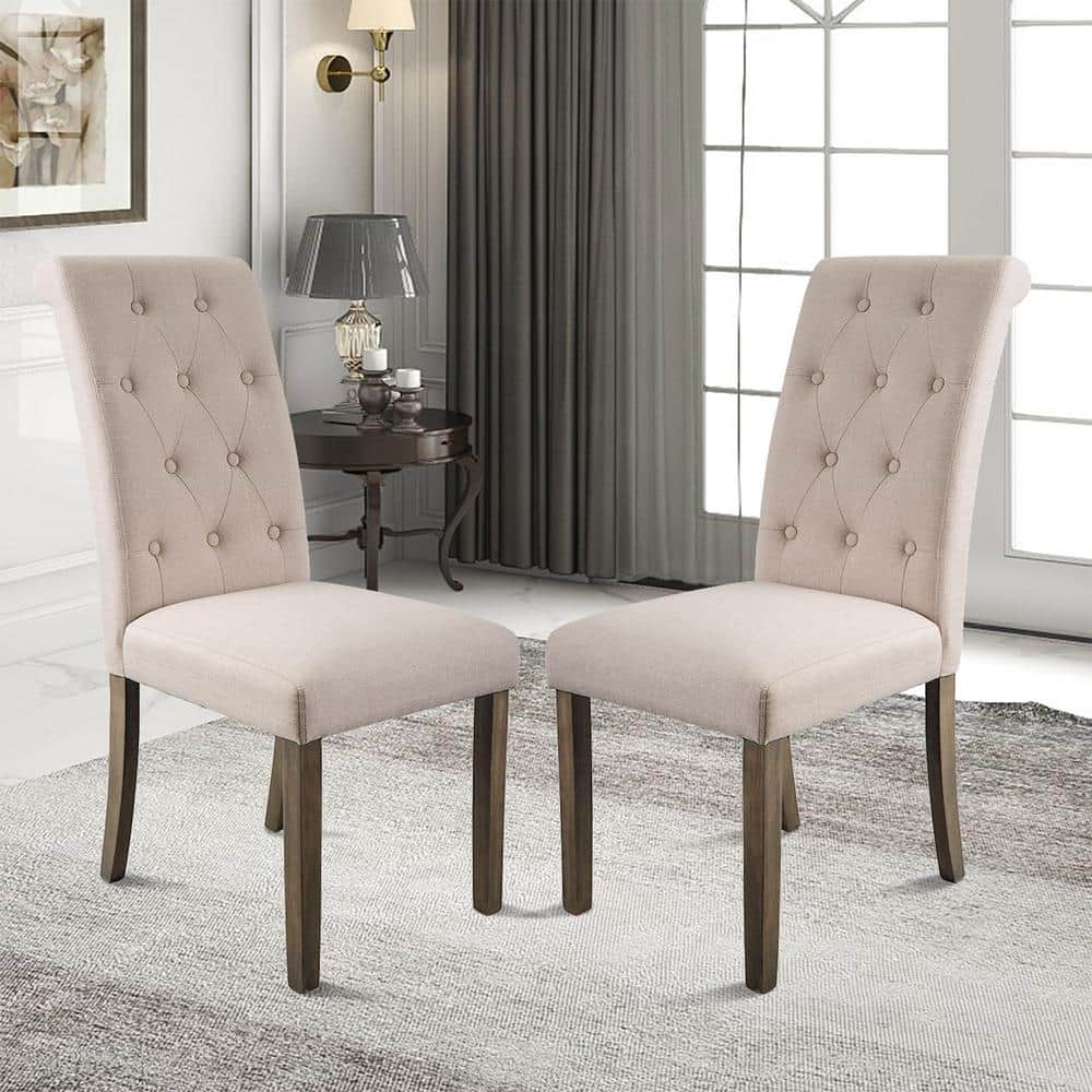 ANBAZAR Aristocratic Style Beige Wood Side Chair, Dining Chair Set of 2, Linen Upholstered Chair ...