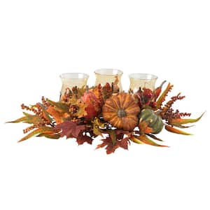 30 in. Harvest Triple Candelabrum and Artificial Foliage Table Arrangement