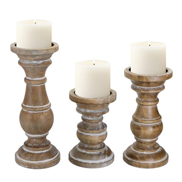 Rustic Brown Wooden Pillar Candle Holders Set of 3, Rustic Farmhouse ...