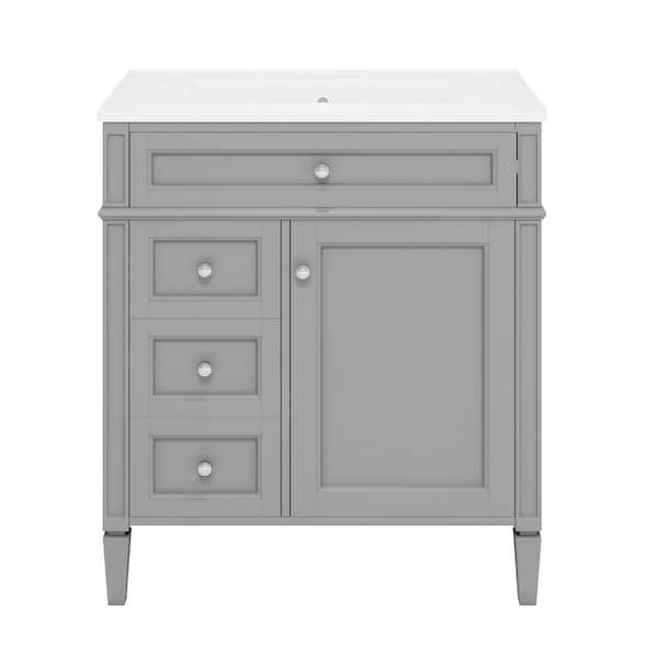 Virubi 30 in. W Single Sink Freestanding Gray Bath Vanity with White Ceramic Top, Adjustable Shelf and Drawers