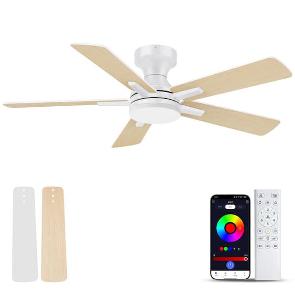 42 in. Smart Outdoor Indoor White Flush Mount Ceiling Fan with RGB LED Lights and APP/Remote Control, Dimmable, 6 speeds