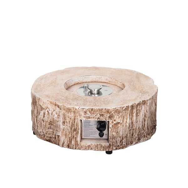 Unbranded 28 in. W x 10 in. H Round Exterior Faux Stone Propane 30,000 BTU Brown Fire Pit with Water Proof Cover and Lava Rock