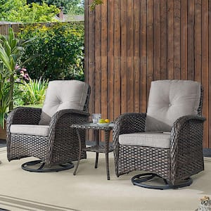 Brown 3-Piece Wicker Patio Conversation Set with Gray Cushions