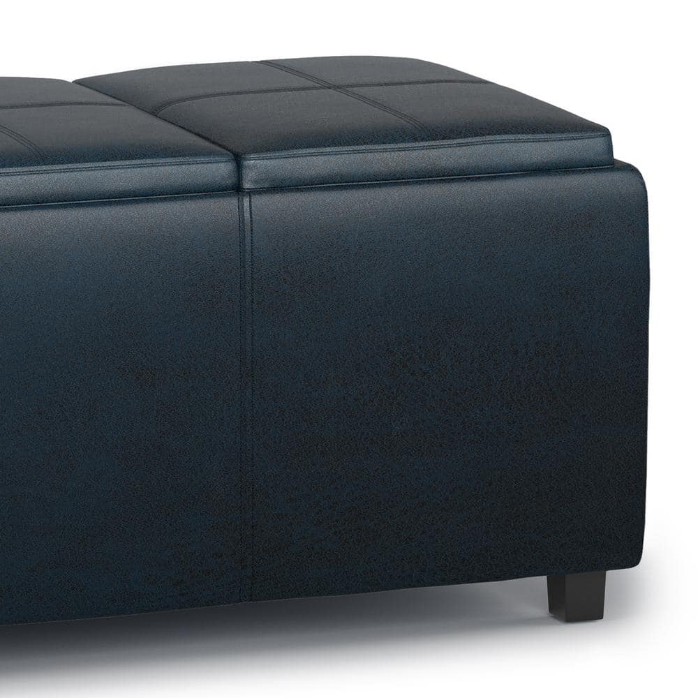 Avalon Distressed Dark Blue Faux Leather Storage Ottoman with Trays