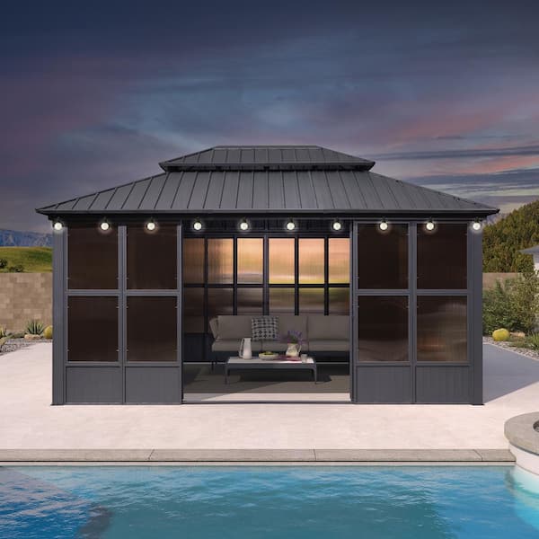 12ft. x 16ft. Patio Hardtop Gazebo Double Top PC Mesh Screen House Aluminum Solarium Backyard Sunroom, 24 Lights, Gray