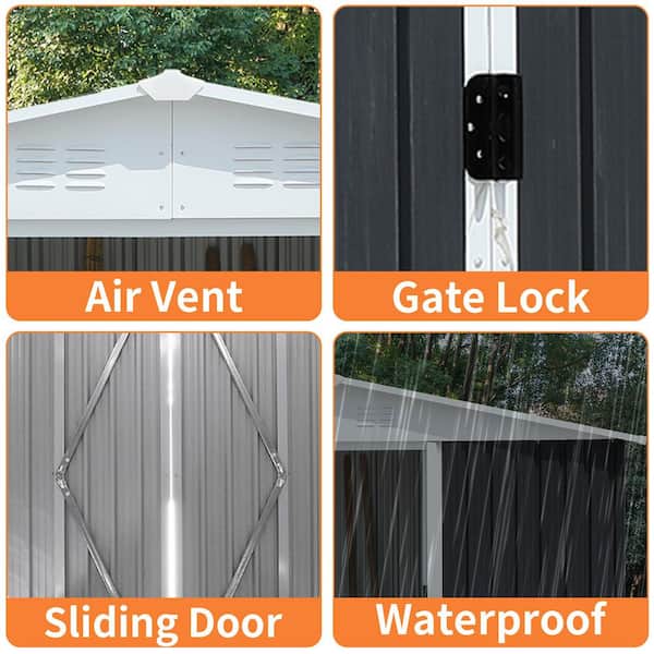 8 ft. W x 6 ft. D Aluminum Alloy Frame Shed with Sliding Door for Garden Feet Apex Roof in Dark Grey (45 sq. ft.)