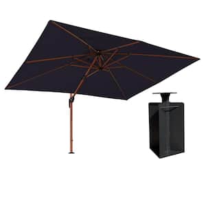 9 ft. x 12 ft. High-Quality Wood Pattern Aluminum Cantilever Polyester Patio Umbrella with Base in Ground, Navy Blue
