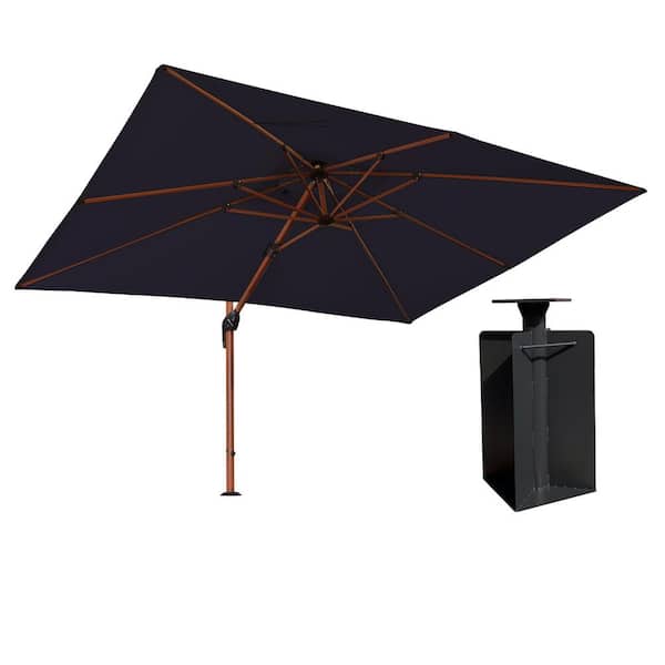 PURPLE LEAF 9 ft. x 12 ft. High-Quality Wood Pattern Aluminum Cantilever Polyester Patio Umbrella with Base in Ground, Navy Blue