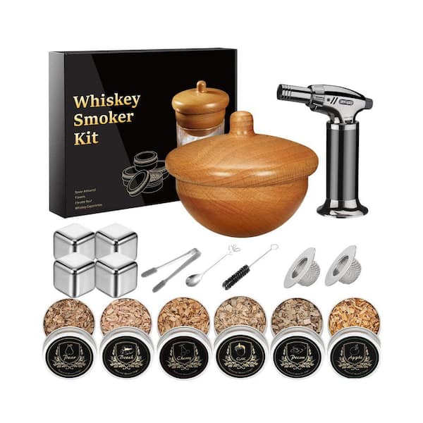 Whiskey Smoker Kit with Torch, 6 Flavors Wood Chips, 4 Ice Stone Old Fashioned Cocktail Smoker Infuser Kit (No Butane)