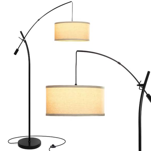 Brightech Grayson 84 in. Classic Black Mid-Century Modern 1-Light Height Adjustable LED Floor Lamp with Beige Fabric Drum Shade